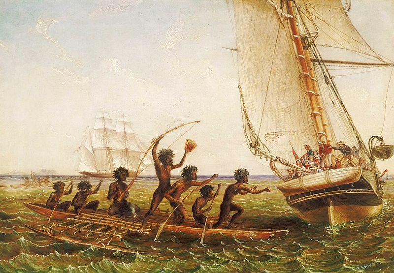 John Thomas Baines Aboriginal Canoes Communicating with the 'Monarch' and the 'Tom Tough', 28 August 1855 China oil painting art